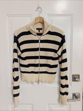 Rag & Bone Striped Zip-Up Knit Sweater - Cream & Dark Navy